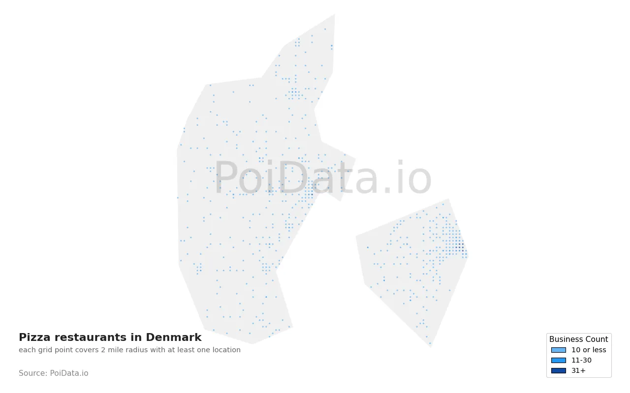 Pizza restaurant density map for Denmark