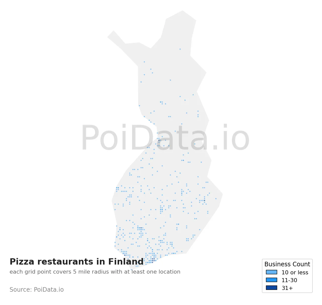 Pizza restaurant density map for Finland