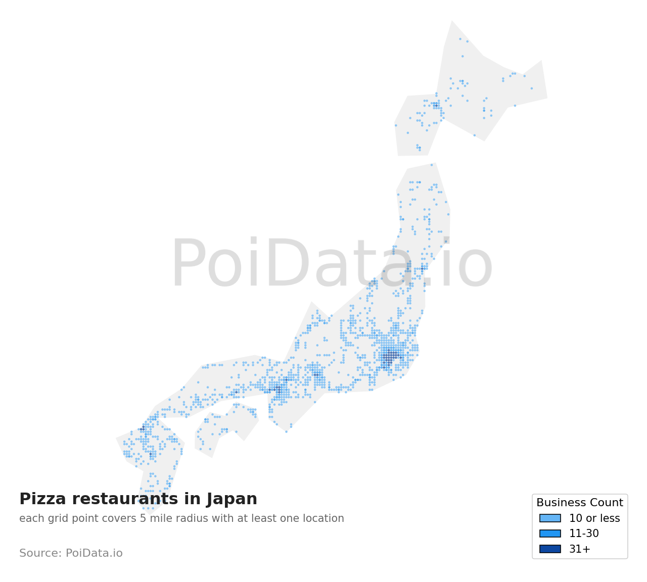 Pizza restaurant density map for Japan