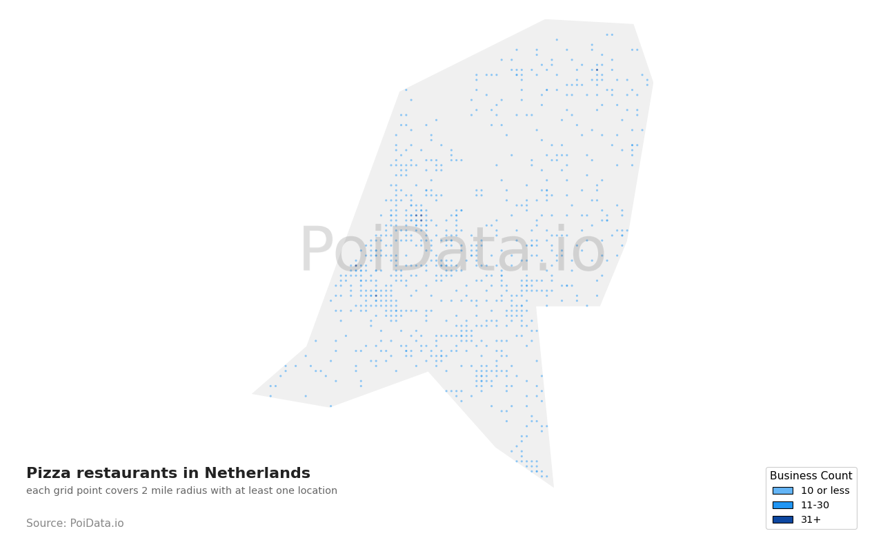 Pizza restaurant density map for Netherlands