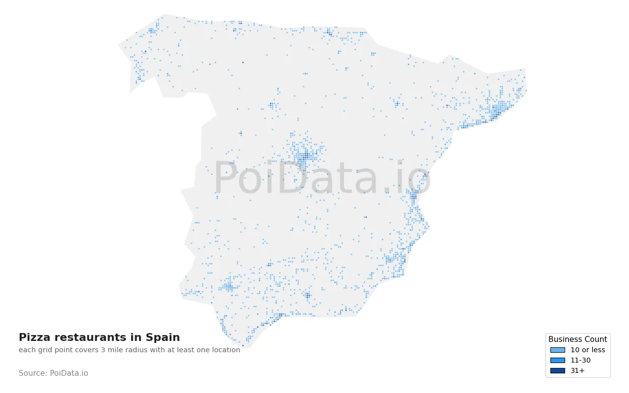 Pizza restaurant density map for Spain