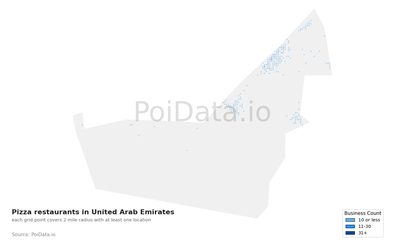 Pizza restaurant density map for United Arab Emirates