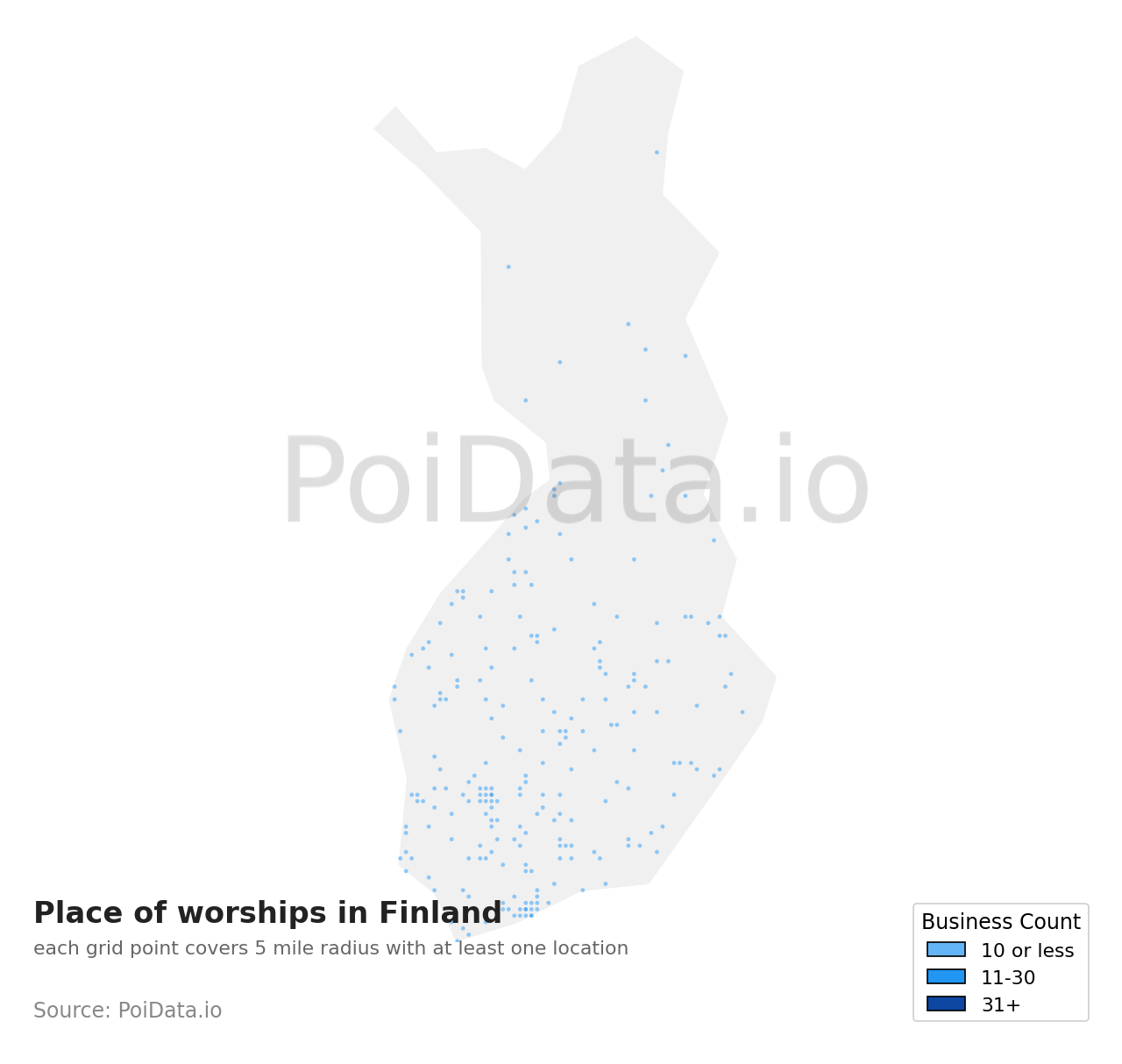 Place of worship density map for Finland