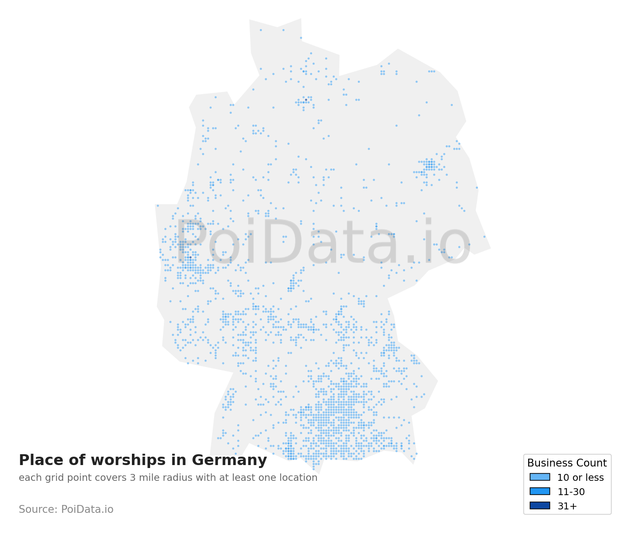 Place of worship density map for Germany