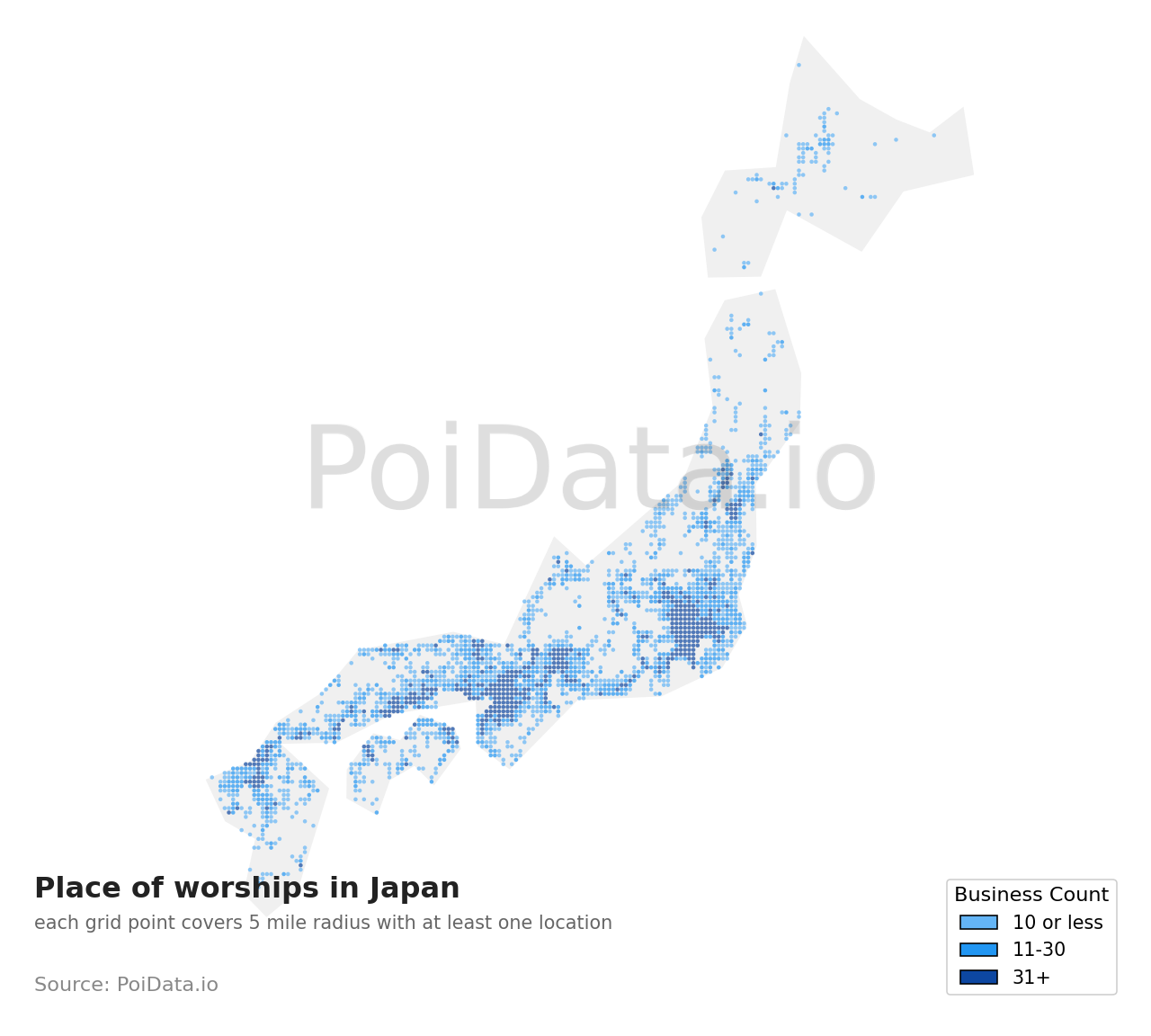 Place of worship density map for Japan