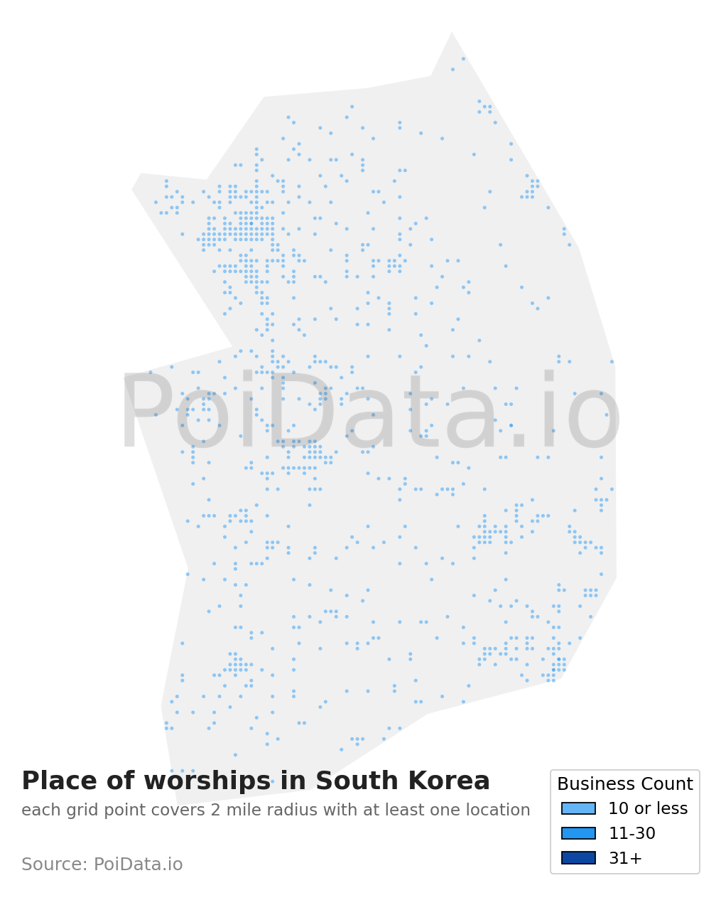 Place of worship density map for South Korea