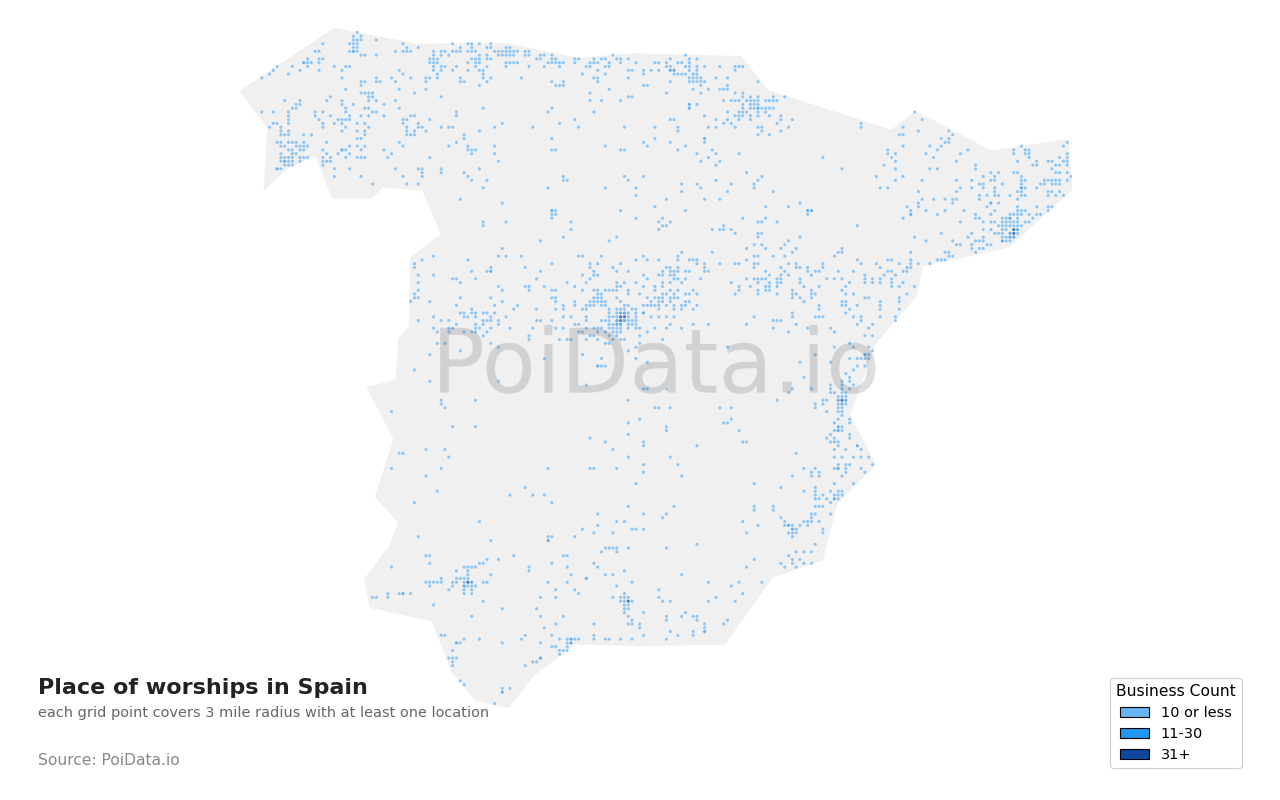 Place of worship density map for Spain