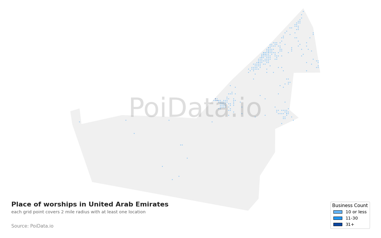 Place of worship density map for United Arab Emirates