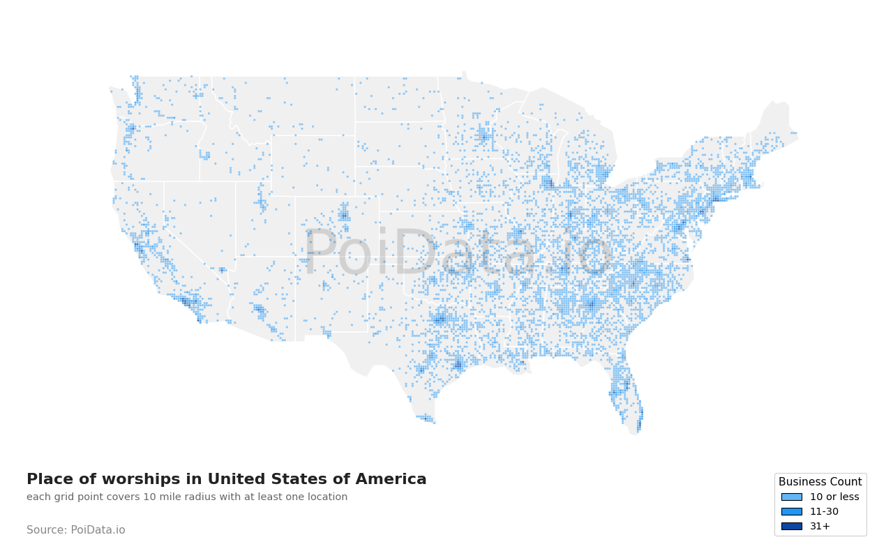 Place of worship density map for Alabama, United States