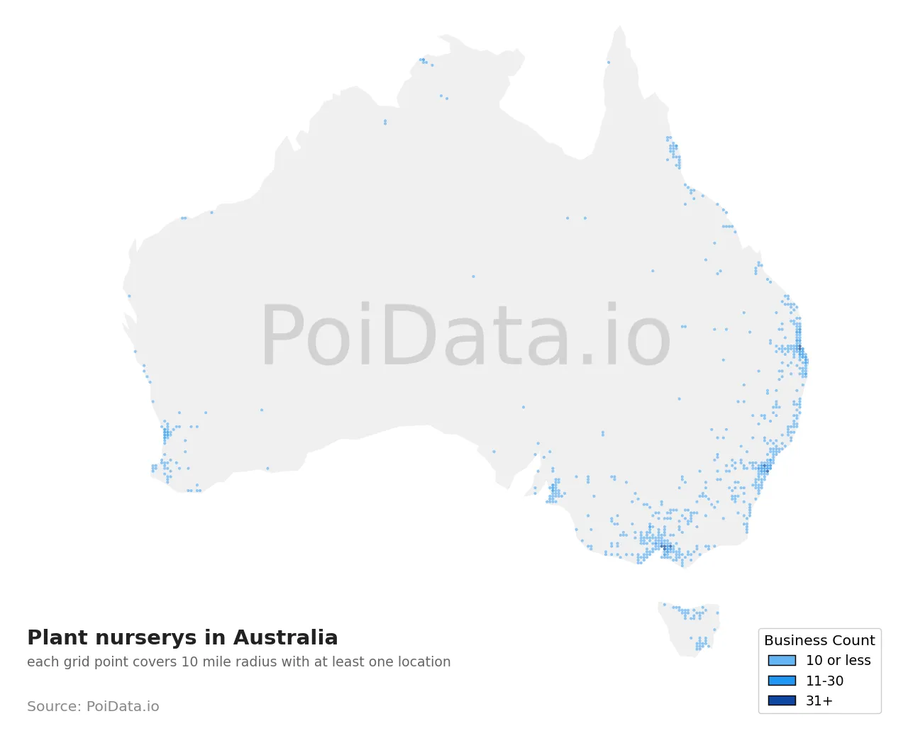 Plant nursery density map for Australia