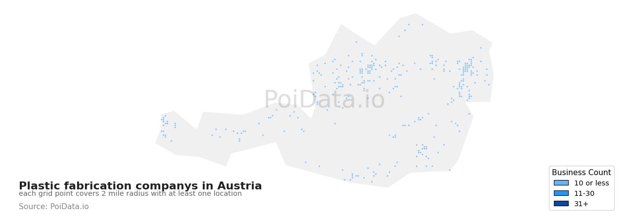 Plastic fabrication company density map for Austria