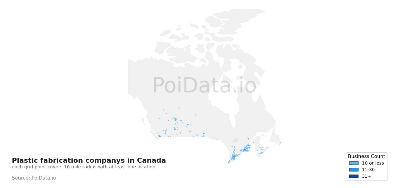 Plastic fabrication company density map for Canada