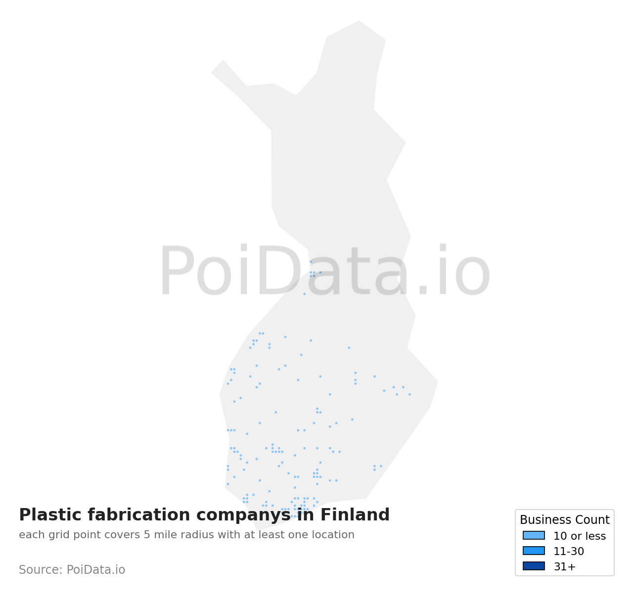 Plastic fabrication company density map for Finland