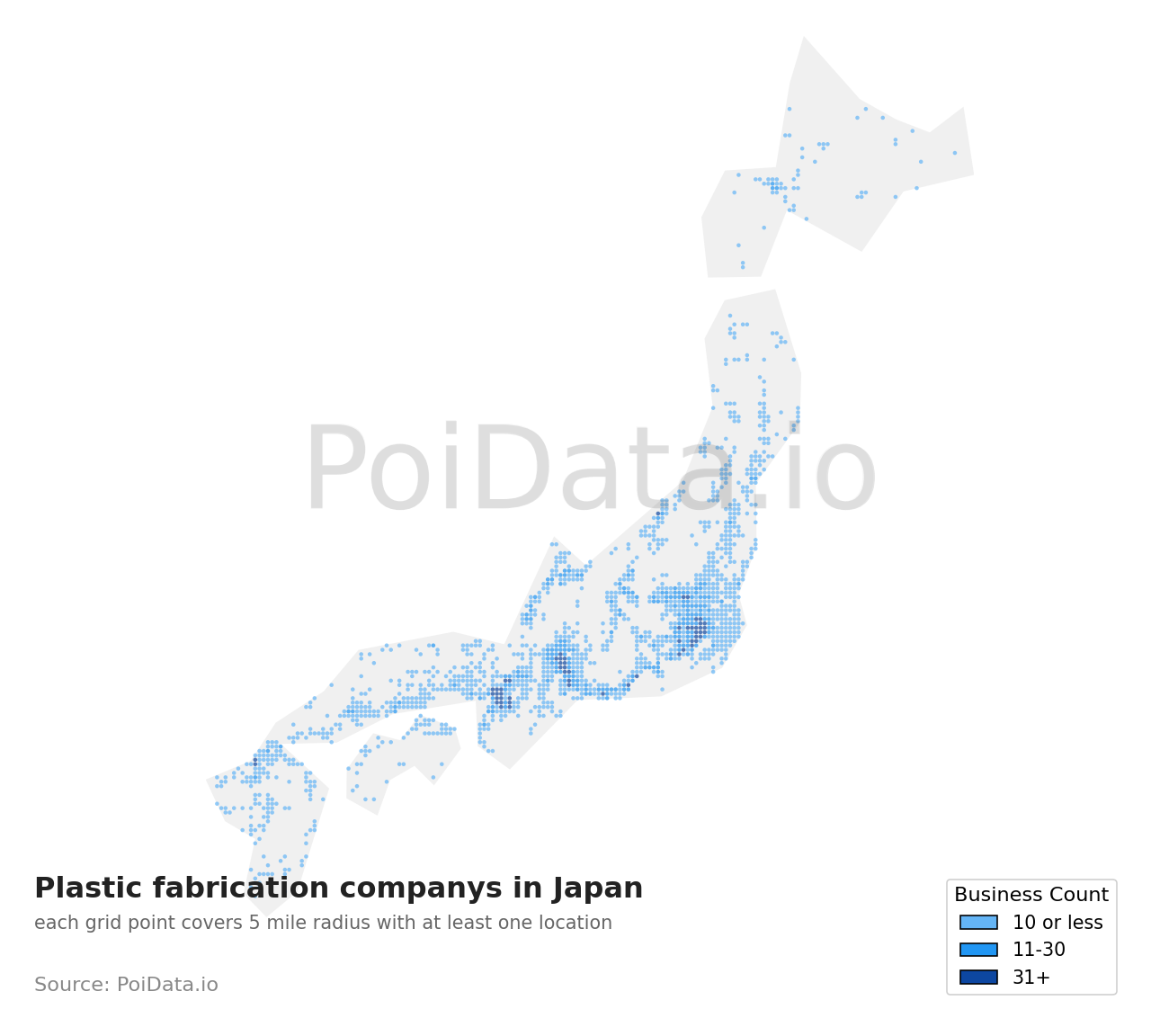 Plastic fabrication company density map for Japan