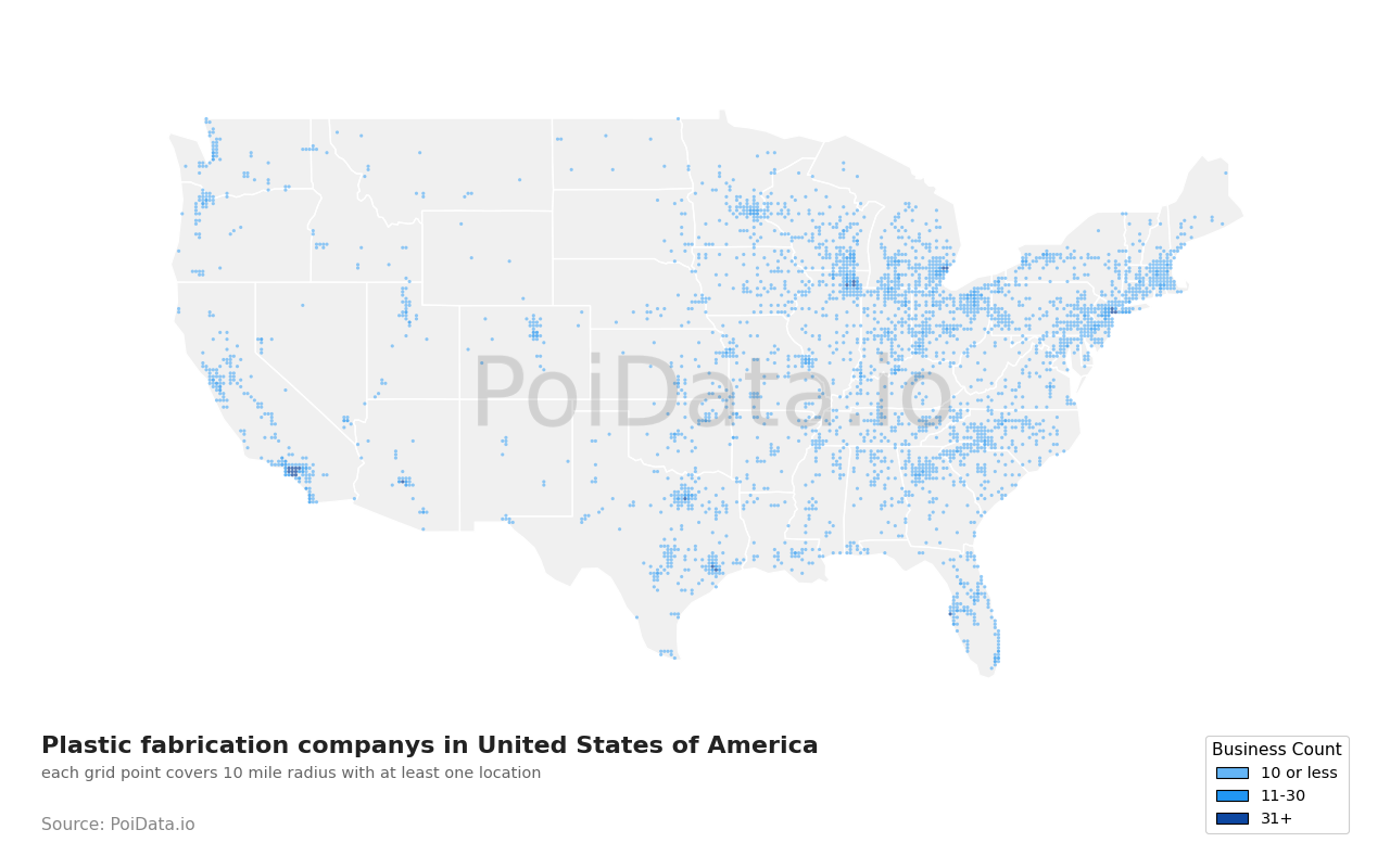 Plastic fabrication company density map for Texas, United States
