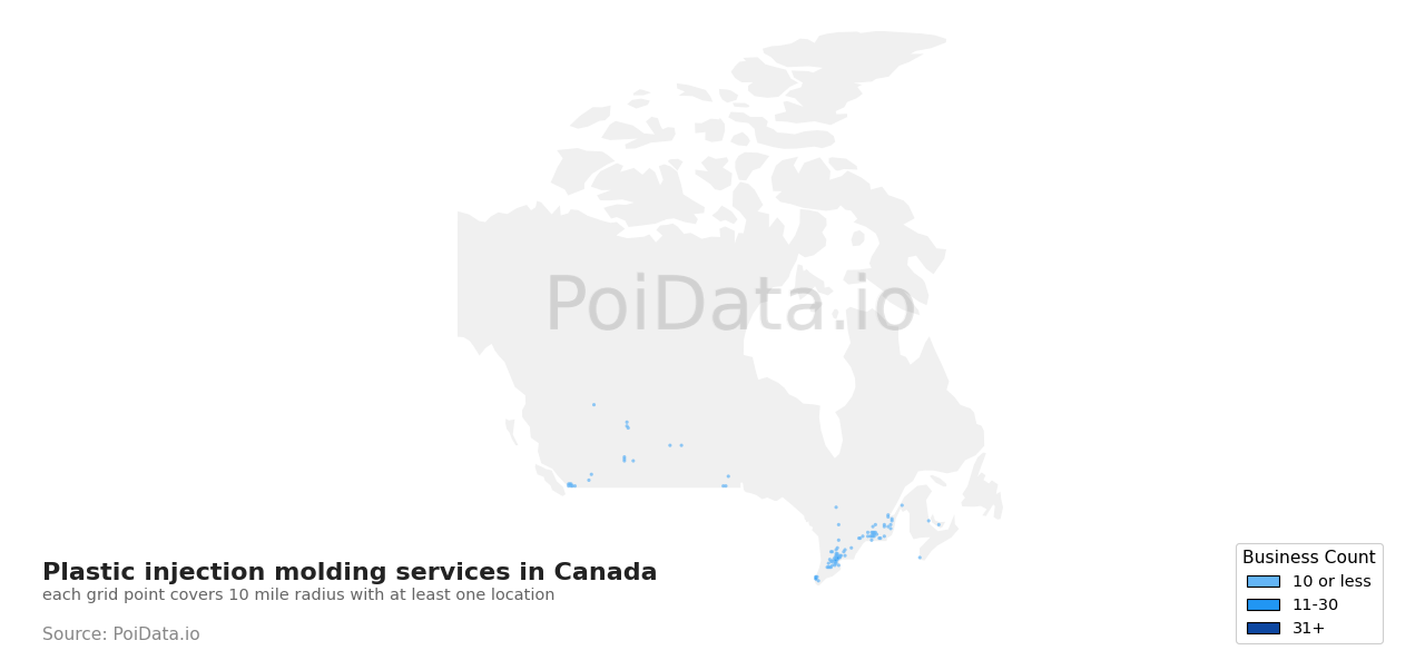 Plastic injection molding service density map for Canada