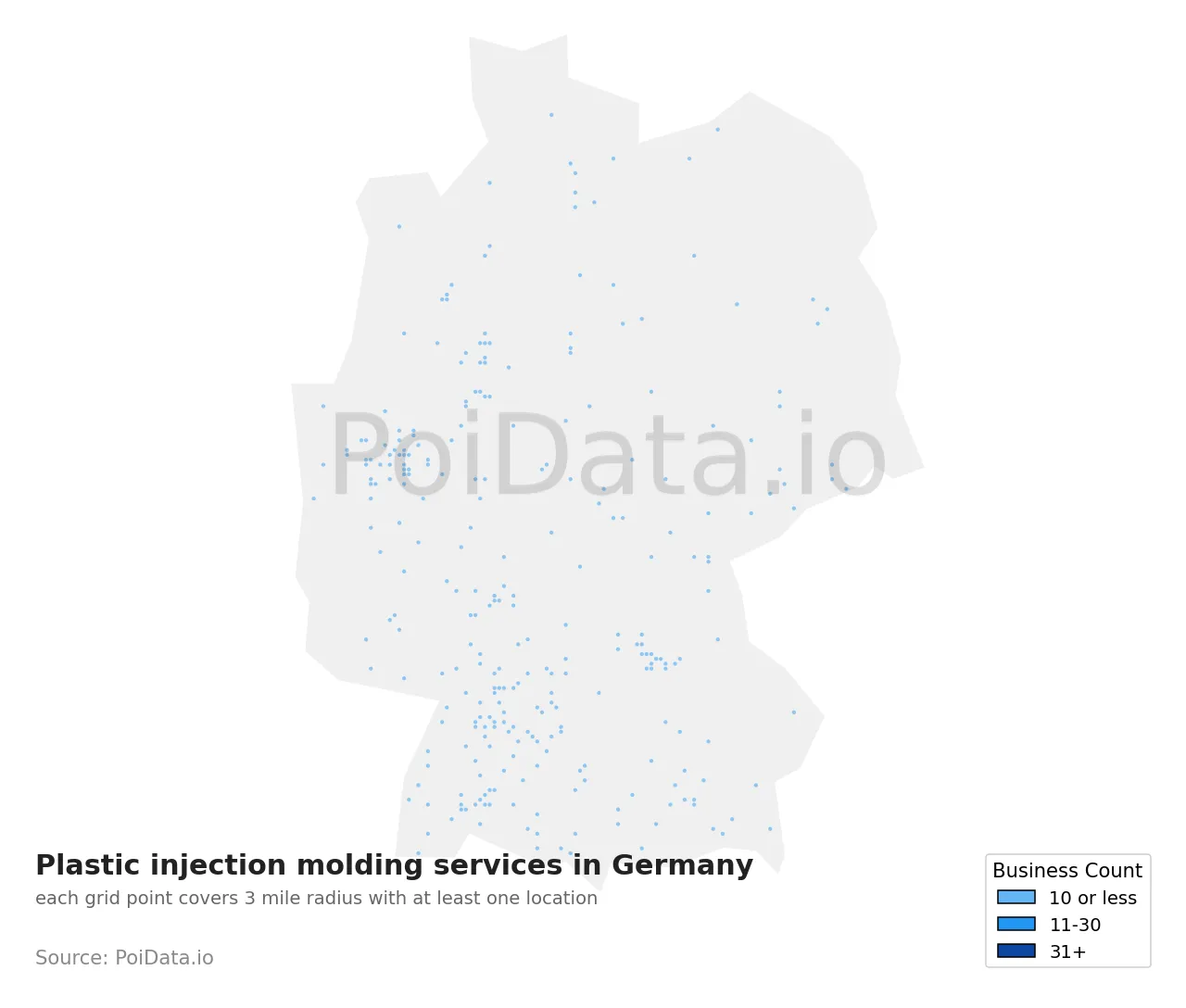 Plastic injection molding service density map for Germany