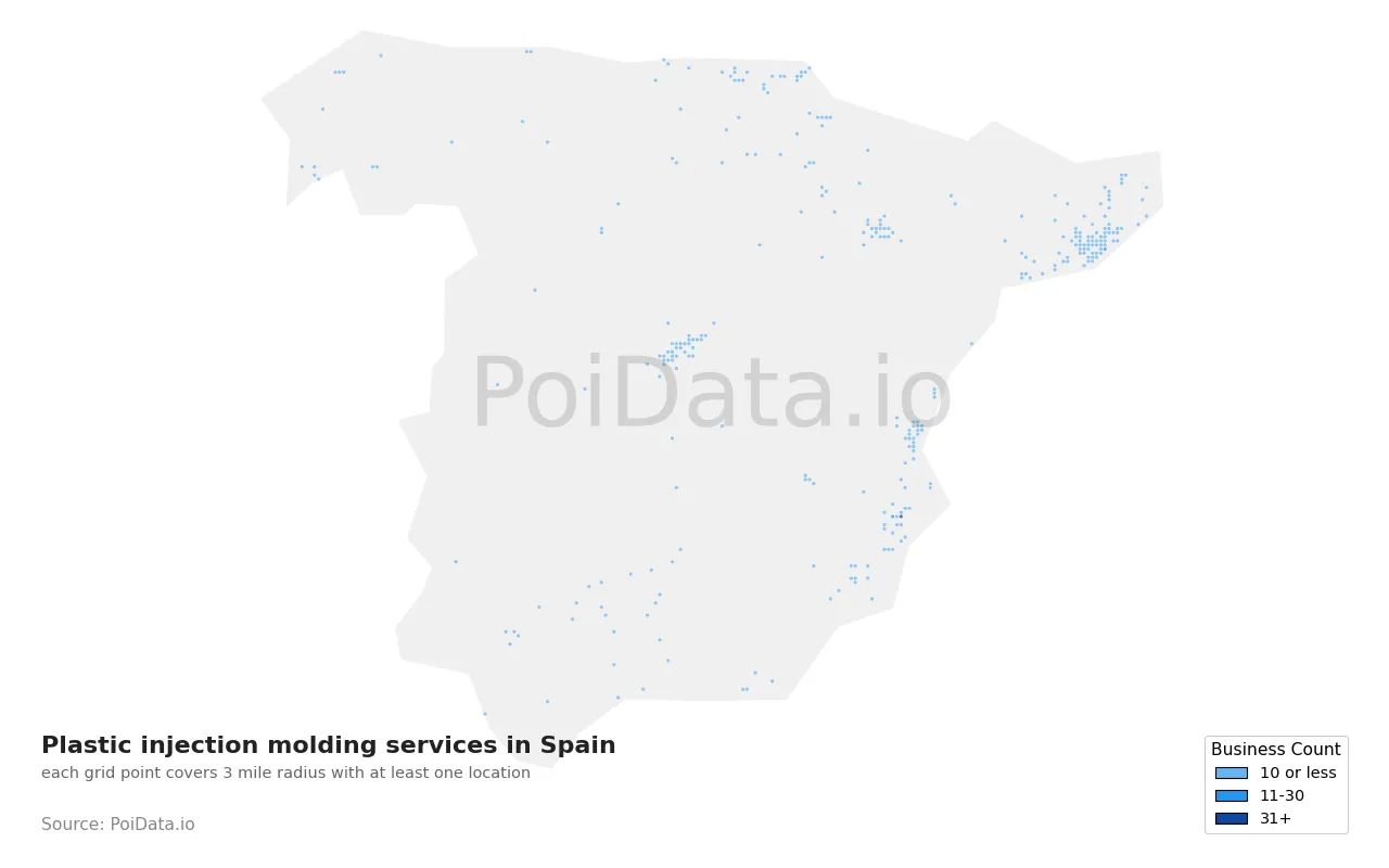 Plastic injection molding service density map for Spain