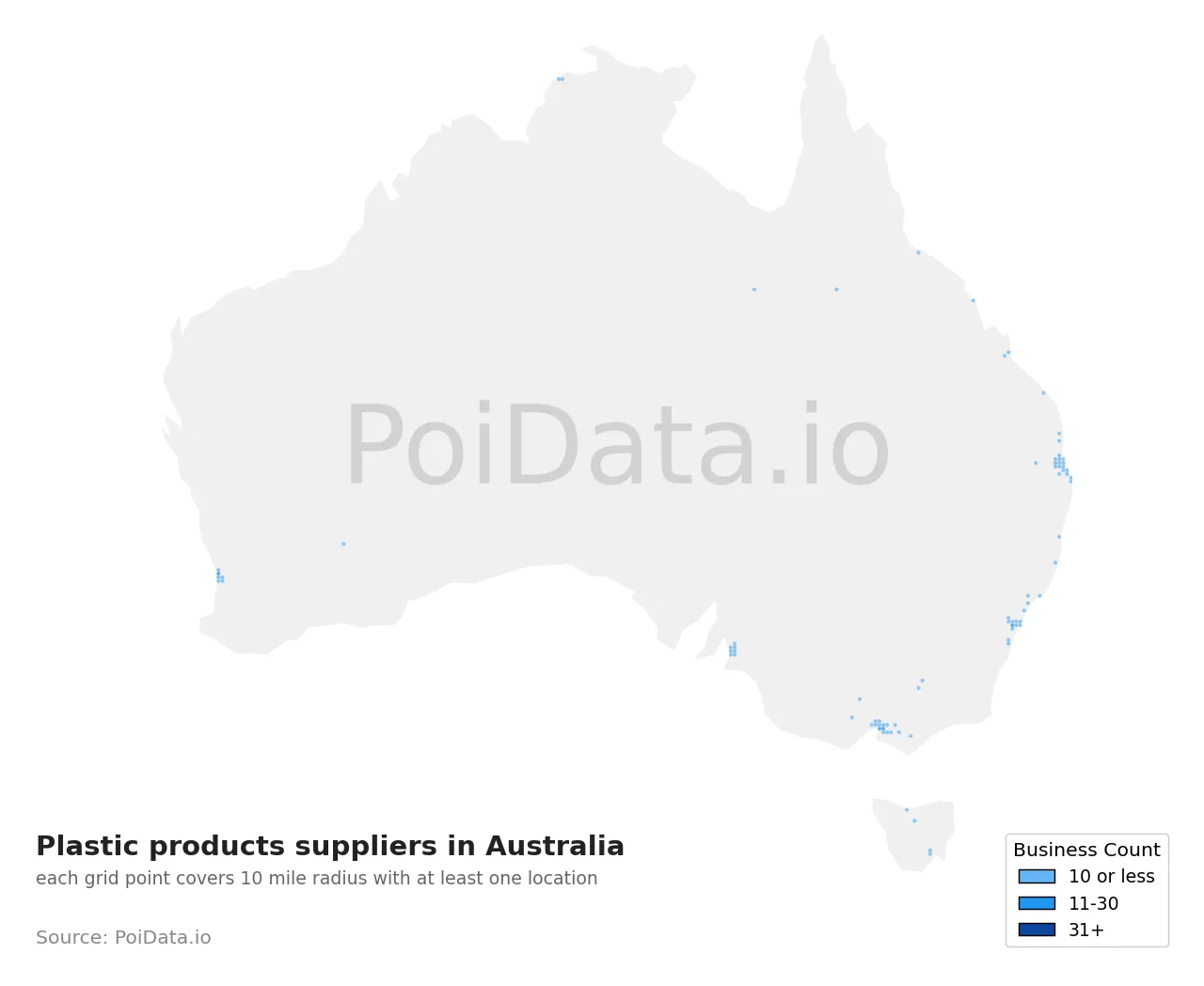 Plastic products supplier density map for Australia
