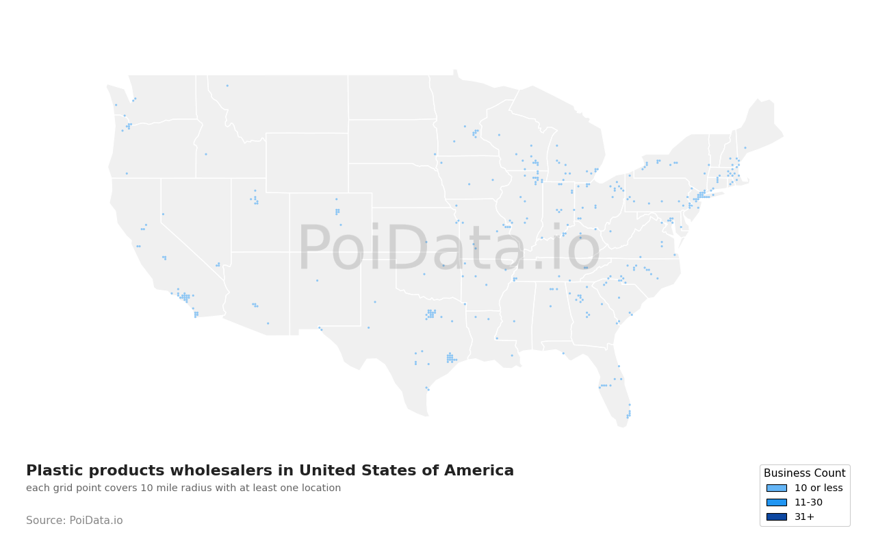 Plastic products wholesaler density map for Texas, United States