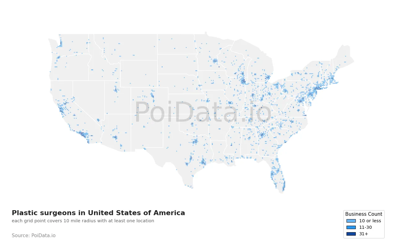 Plastic surgeon density map for United States