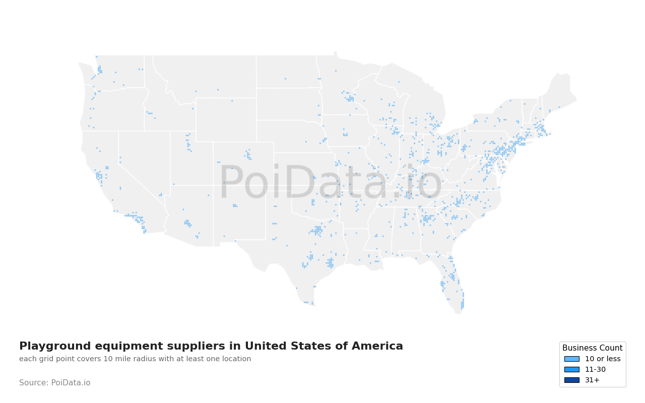Playground equipment supplier density map for Indiana, United States