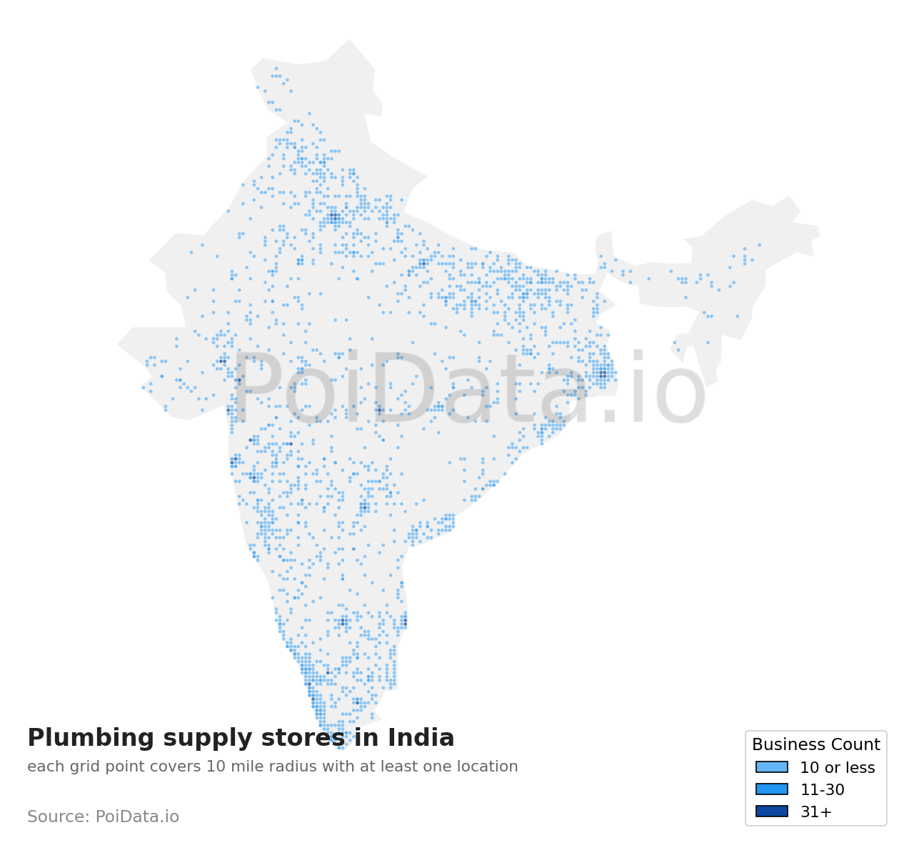 Plumbing supply store density map for India