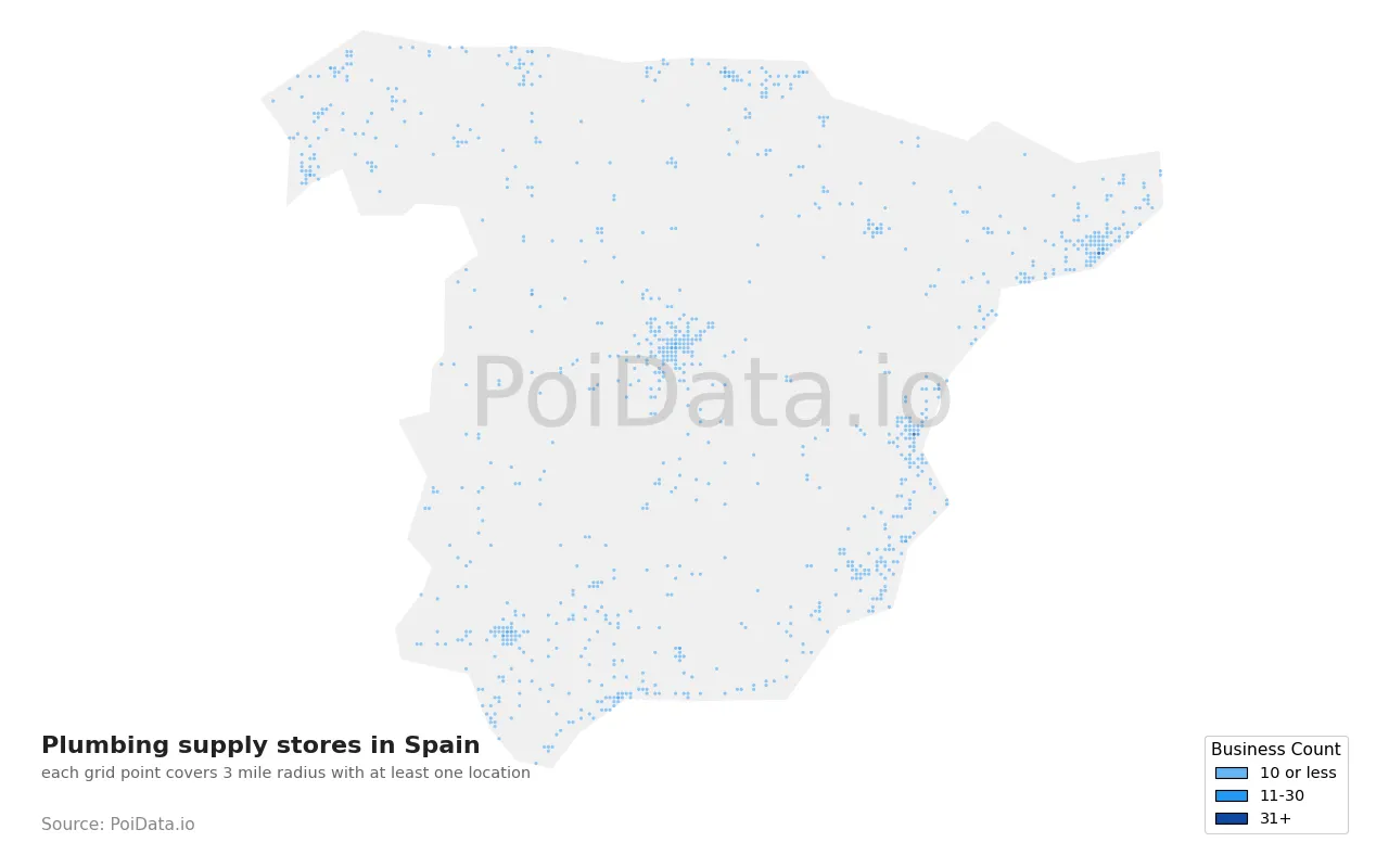 Plumbing supply store density map for Spain