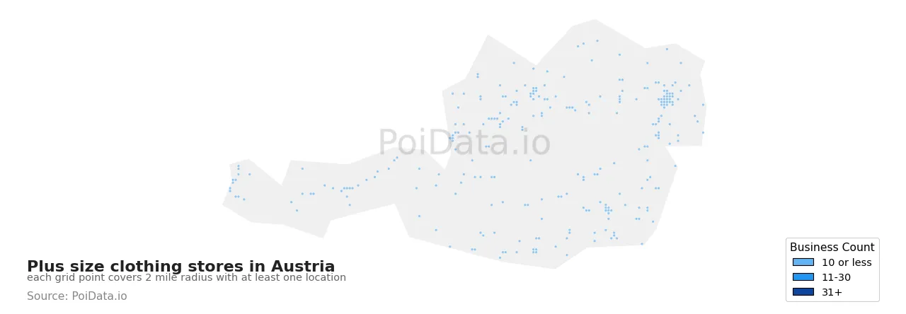 Plus size clothing store density map for Austria