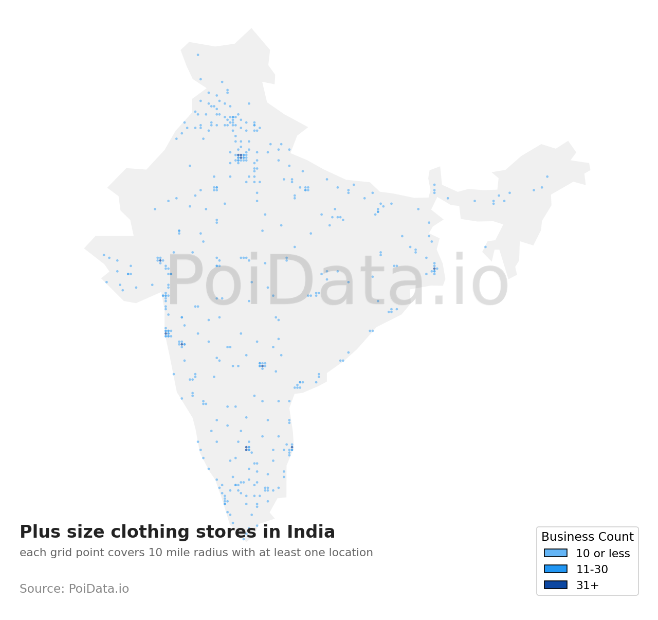 Plus size clothing store density map for India