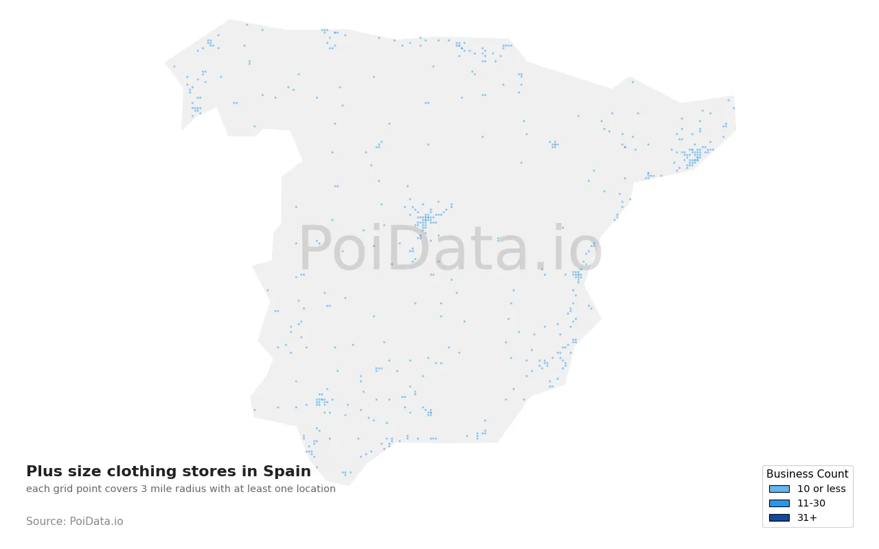 Plus size clothing store density map for Spain