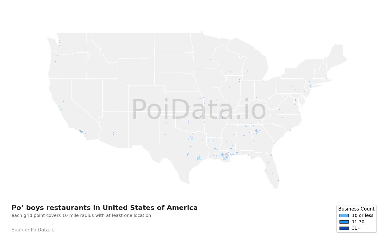 Po’ boys restaurant density map for United States