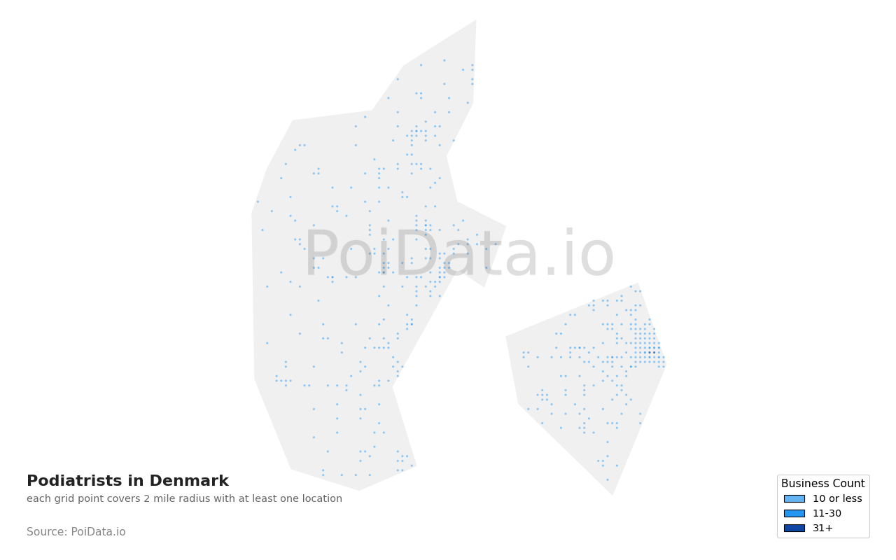 Podiatrist density map for Denmark