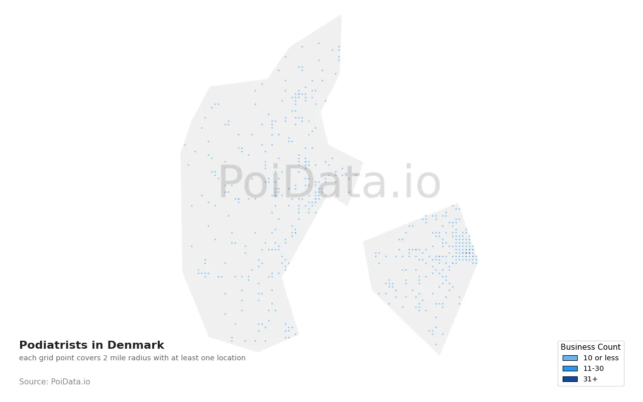 Podiatrist density map for Denmark