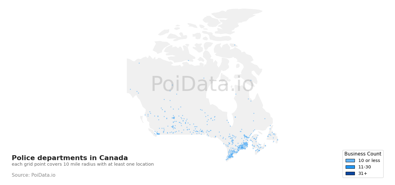 Police department density map for Manitoba, Canada