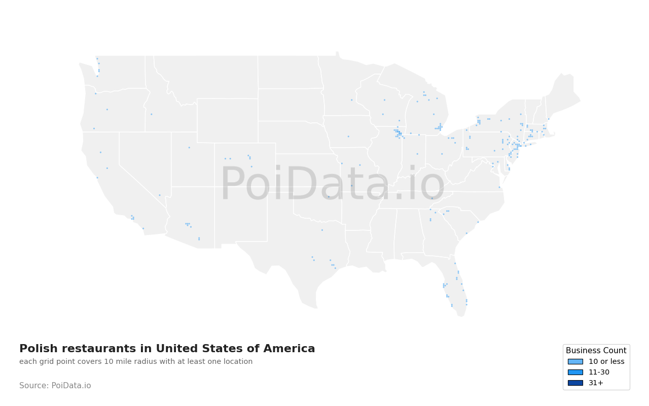 Polish restaurant density map for Florida, United States