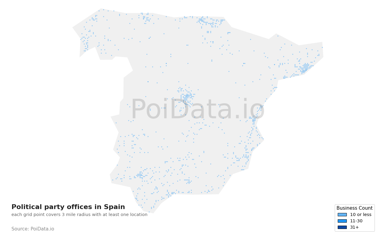 Political party office density map for Spain