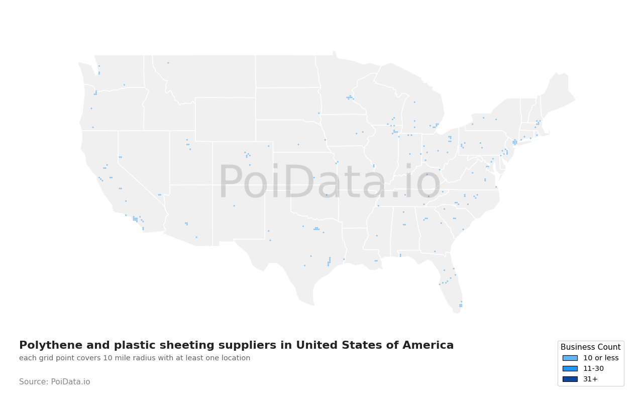 Polythene and plastic sheeting supplier density map for North Carolina, United States