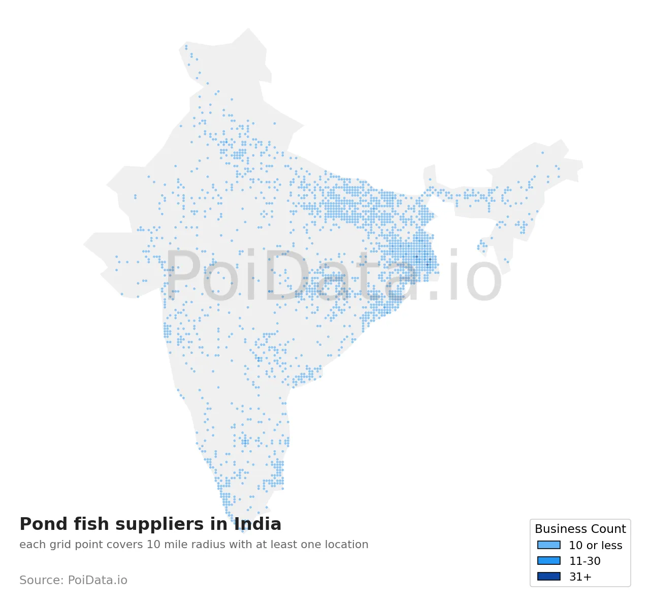 Pond fish supplier density map for India