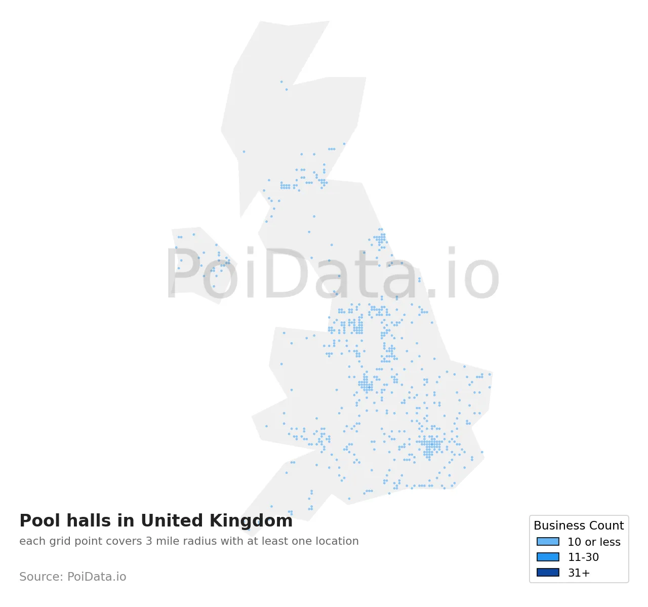 Pool hall density map for United Kingdom