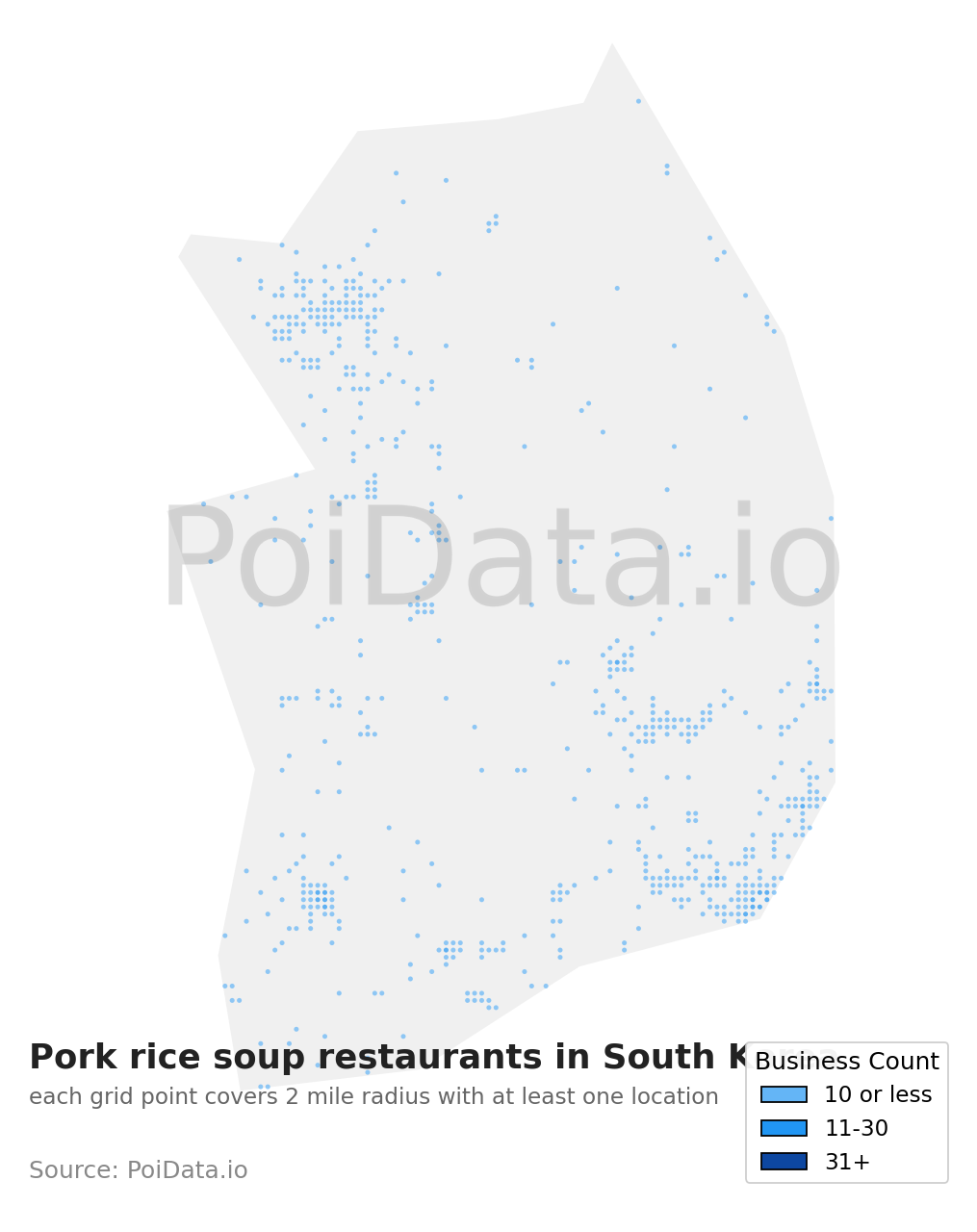 Pork rice soup restaurant density map for South Korea