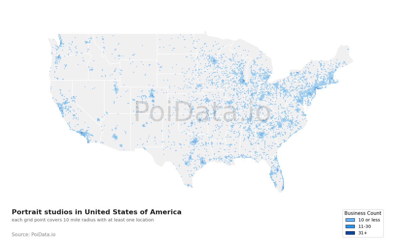 Portrait studio density map for Texas, United States