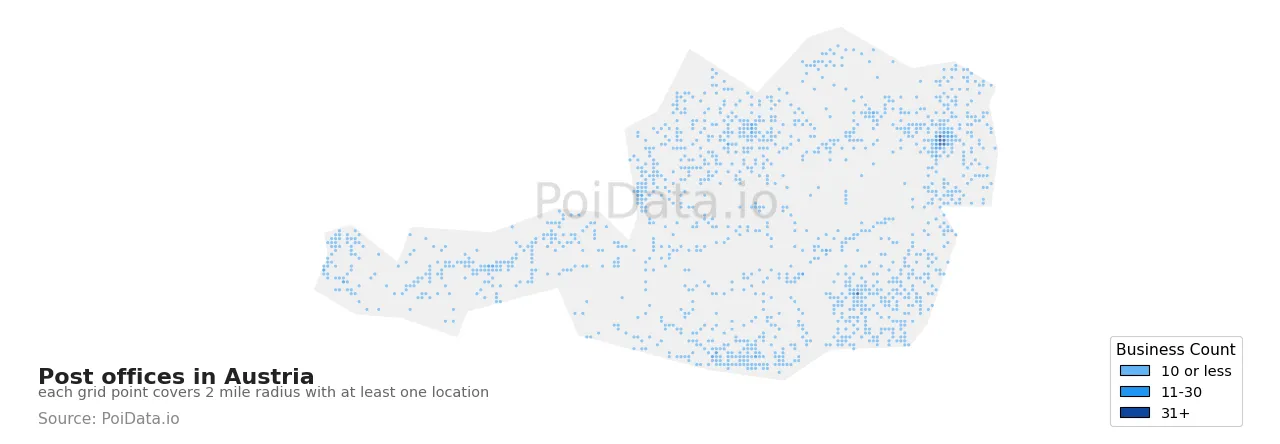 Post office density map for Austria