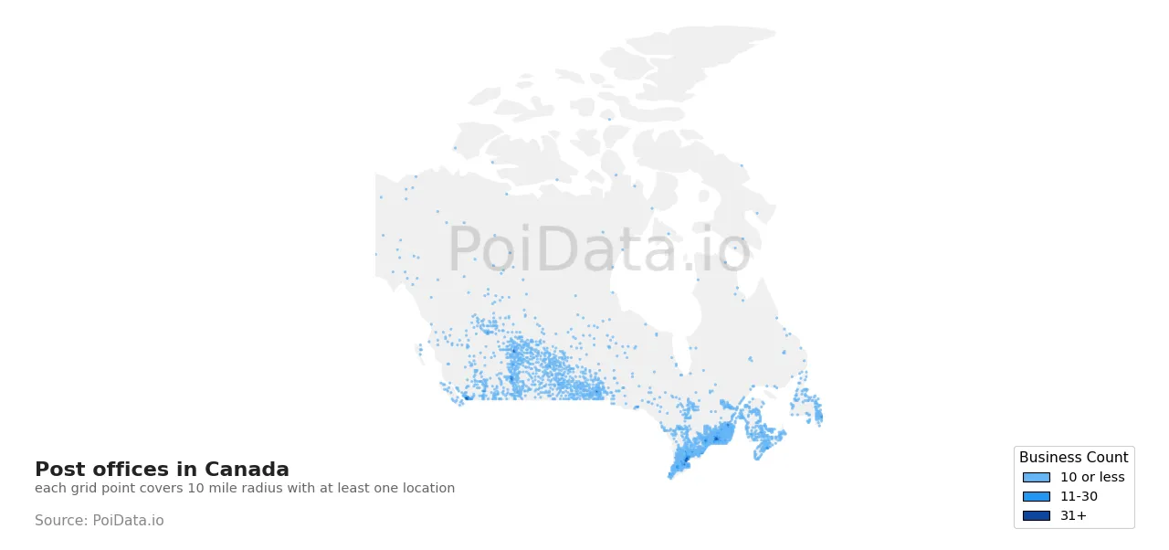 Post office density map for Canada