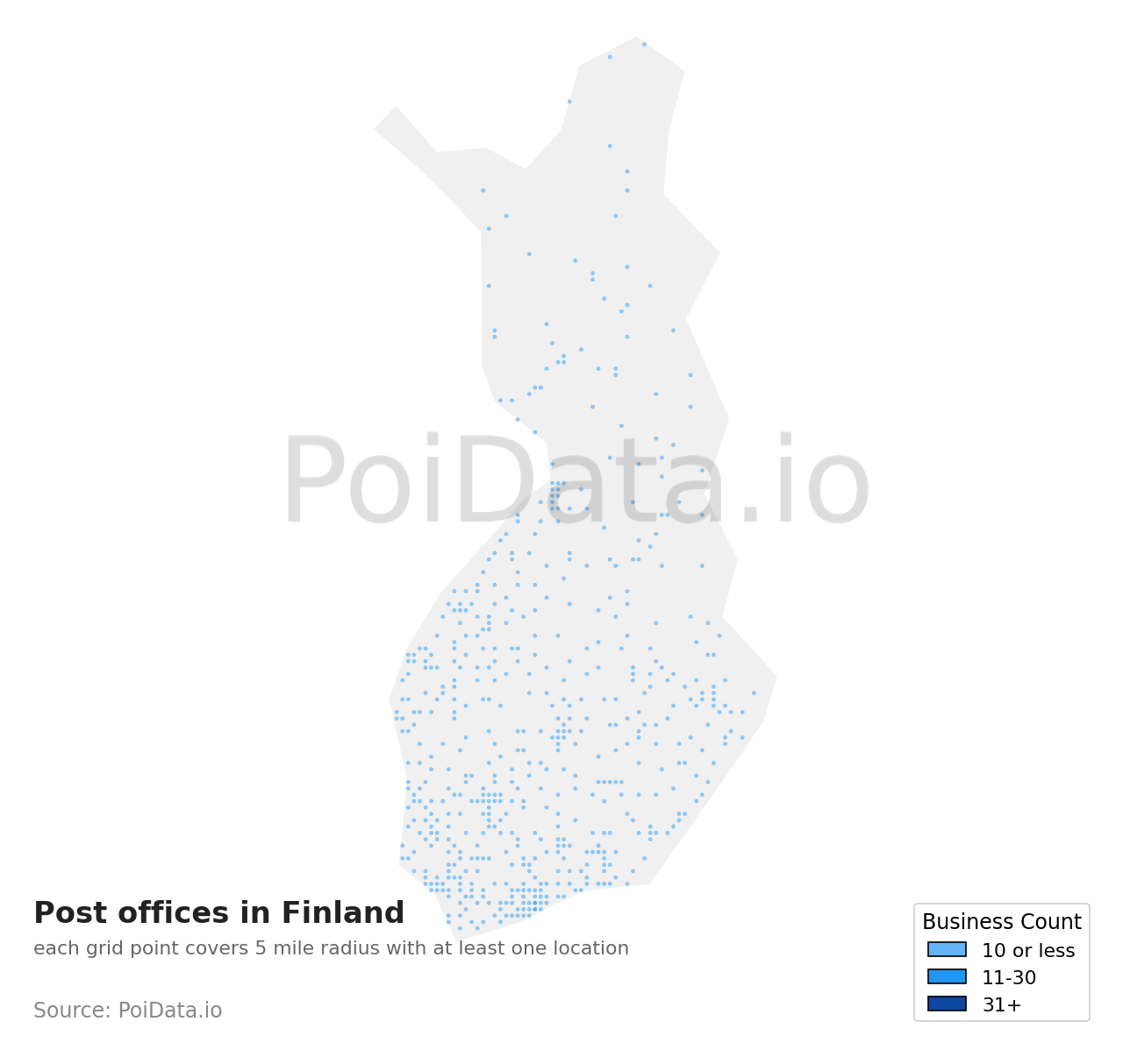 Post office density map for Finland