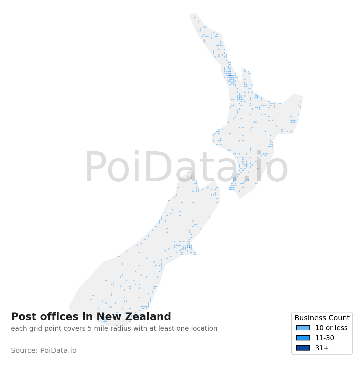 Post office density map for New Zealand