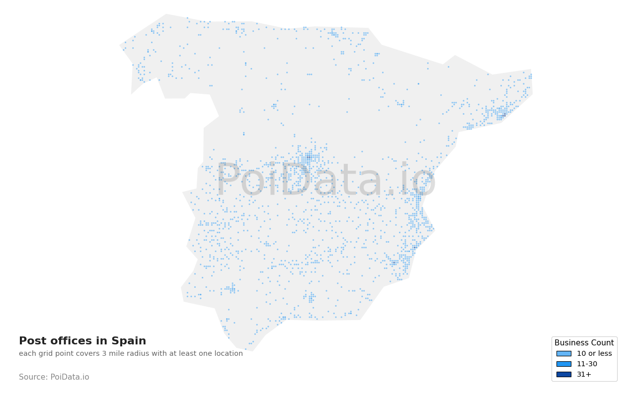 Post office density map for Spain