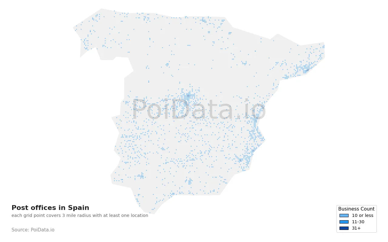 Post office density map for Spain