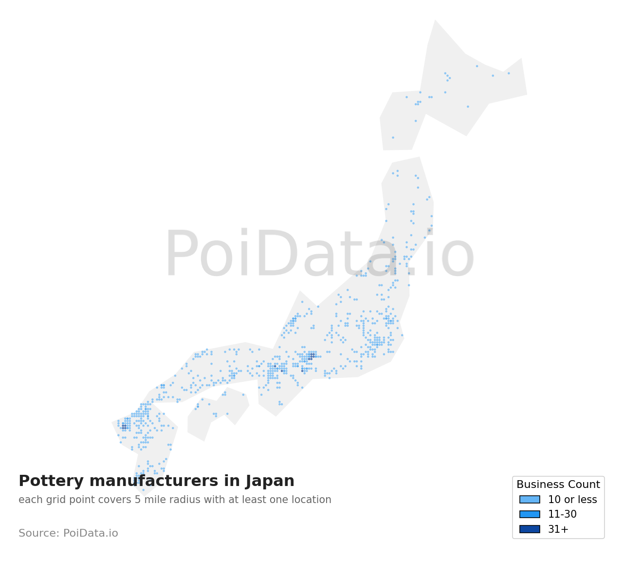 Pottery manufacturer density map for Shizuoka, Japan