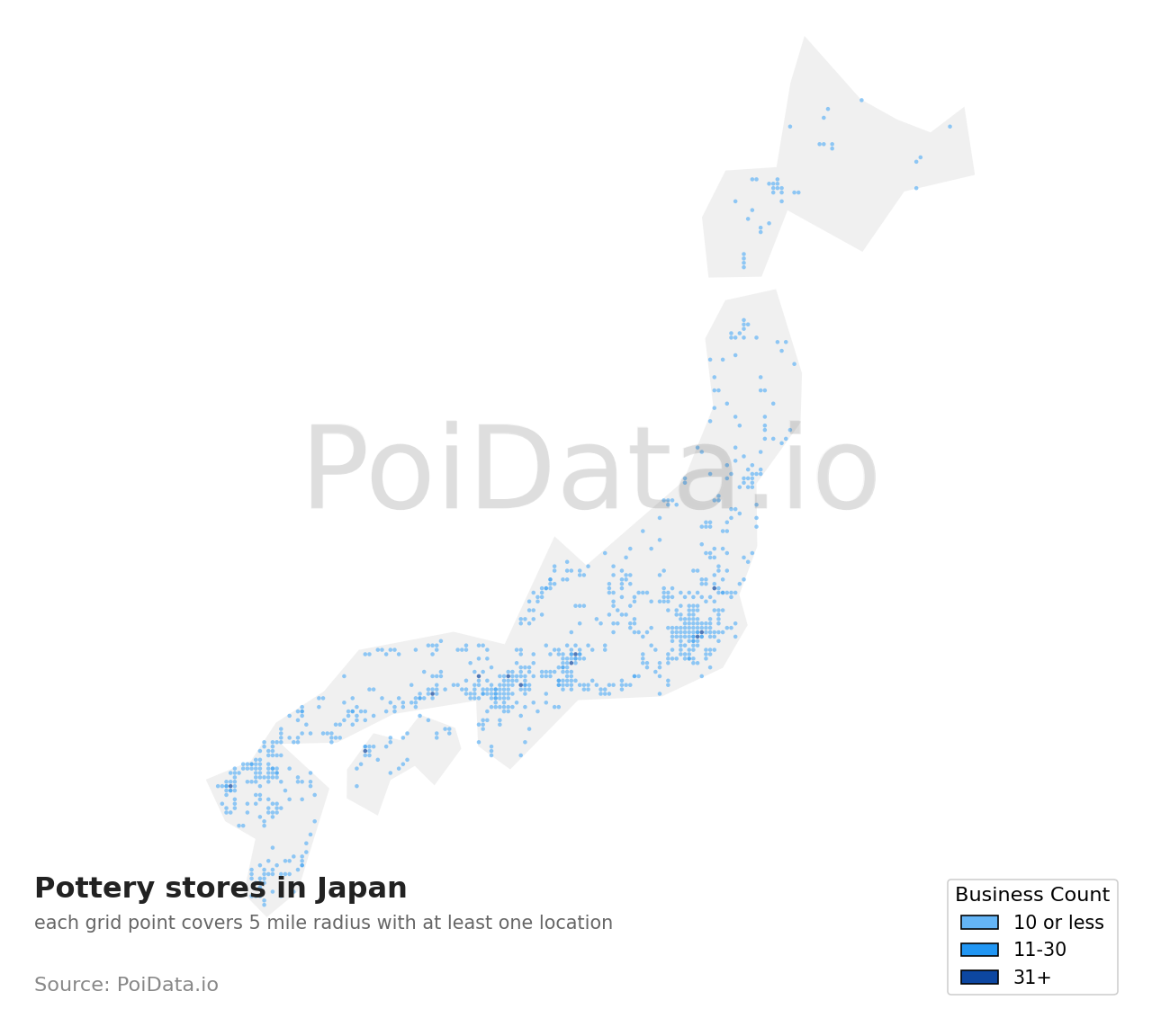 Pottery store density map for Japan